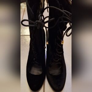 Black Lace-Up Velvet Ankle Boots with Gold Accents